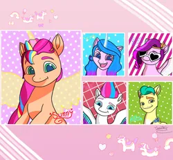 Size: 4751x4398 | Tagged: safe, artist:thelma-v, derpibooru import, hitch trailblazer, izzy moonbow, pipp petals, sunny starscout, zipp storm, alicorn, earth pony, pegasus, pony, unicorn, g5, my little pony: a new generation, abstract background, absurd resolution, artificial horn, artificial wings, augmented, female, gradient mane, horn, image, jpeg, long mane, looking at you, magic, magic horn, magic wings, male, mane five, mane stripe sunny, mare, race swap, sash, sheriff's badge, signature, spread wings, stallion, sunglasses, sunnycorn, wings