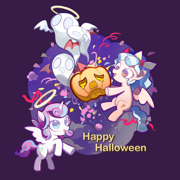 Size: 2882x2877 | Tagged: safe, artist:biyezibcoconut, derpibooru import, cozy glow, princess flurry heart, alicorn, ghost, pegasus, pony, undead, g4, :d, angel costume, bow, candy, demon costume, demon horns, fangs, female, filly, foal, food, freckles, hair ribbon, halloween, halo, happy halloween, holding, holiday, horns, image, jack-o-lantern, open mouth, open smile, png, pumpkin, purple background, ribbon, simple background, smiling, spread wings, tail, tail bow, text, wings