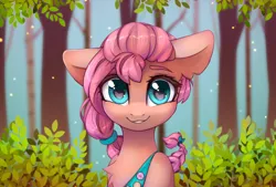 Size: 1748x1181 | Tagged: safe, artist:radioaxi, derpibooru import, sunny starscout, earth pony, pony, g5, chest fluff, female, forest, image, looking at you, mare, nature, outdoors, png, smiling, smiling at you, solo, tree