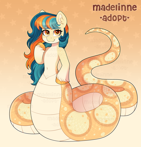 Size: 4396x4599 | Tagged: safe, artist:madelinne, derpibooru import, oc, unofficial characters only, lamia, original species, pony, semi-anthro, adoptable, adoptable open, adoption, belly, belly button, ear fluff, female, image, looking at you, mare, png, reference sheet, solo, unshorn fetlocks