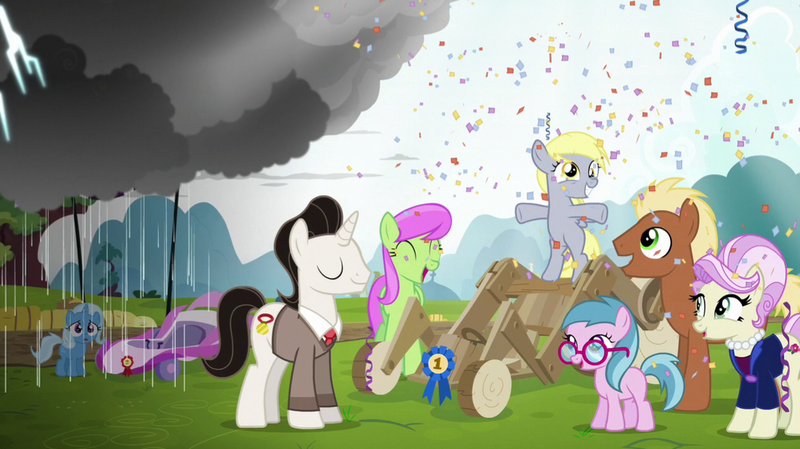 Size: 997x559 | Tagged: safe, derpibooru import, edit, edited screencap, screencap, blue lily, derpy hooves, meadow song, medallion gold, merry may, rosetta, trixie, pegasus, pony, unicorn, g4, the cart before the ponies, /mlp/, 4chan, award, background pony, bipedal, cloud, competition, confetti, eyes closed, female, filly, filly derpy, filly trixie, foal, glasses, horn, image, jealous, jewelry, looking at someone, male, mare, miss /mlp/, miss /mlp/ 2024, necklace, open mouth, open smile, outdoors, pearl necklace, png, rain, raincloud, sad, sad pony, smiling, stallion, tree, winner, younger