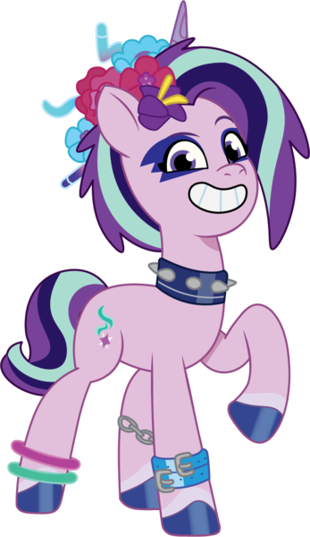 Size: 672x1162 | Tagged: safe, artist:prixy05, derpibooru import, starlight glimmer, pony, unicorn, g4, g5, my little pony: tell your tale, bridlewoodstock, bridlewoodstock (tell your tale), collar, female, flower, flower in hair, g4 to g5, generation leap, horn, image, makeup, mare, png, simple background, solo, transparent background, vector