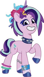 Size: 672x1162 | Tagged: safe, artist:prixy05, derpibooru import, starlight glimmer, pony, unicorn, g4, g5, my little pony: tell your tale, bridlewoodstock, bridlewoodstock (tell your tale), collar, female, flower, flower in hair, g4 to g5, generation leap, horn, image, makeup, mare, png, simple background, solo, transparent background, vector