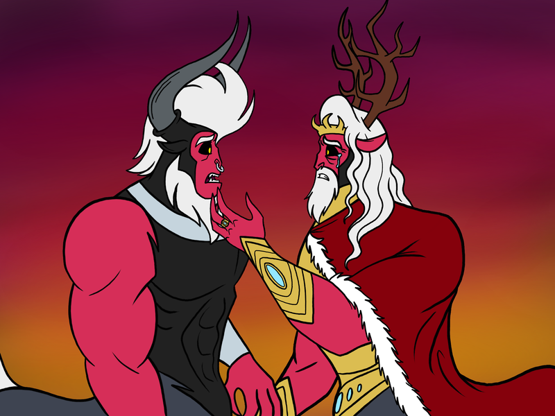 Size: 2048x1536 | Tagged: safe, artist:melspyrose, derpibooru import, king vorak, lord tirek, centaur, taur, g4, beard, cape, clothes, description, disappointed, facial hair, father and child, father and son, harsher in hindsight, horns, image, implied grogar, jewelry, male, muscles, muscular male, png, reference to another series, regalia, sad, story included, teary eyes