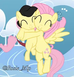 Size: 1280x1338 | Tagged: safe, artist:rosie_mlp, derpibooru import, fluttershy, hybrid, pegasus, pony, g4, child, daughter, female, flower, flower in hair, hug, image, interspecies offspring, jpeg, offspring, older, older fluttershy, parent:discord, parent:fluttershy, parents:discoshy