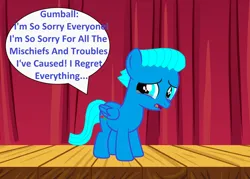 Size: 2368x1696 | Tagged: safe, artist:memeartboi, derpibooru import, ponified, pegasus, pony, g4, apology, colt, crying, cute, foal, guilty, gumball watterson, image, little boy, male, pegasus wings, png, regret, sad, solo, speech, speech bubble, stage, standing, talking, talking to viewer, teary eyes, text, the amazing world of gumball, wings