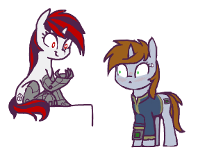 Size: 285x219 | Tagged: safe, artist:shydale, derpibooru import, oc, oc:blackjack, oc:littlepip, unofficial characters only, cyborg, pony, unicorn, fallout equestria, fallout equestria: project horizons, 2018, clothes, duo, fanfic art, fingers, flockmod, horn, image, jumpsuit, nervous, picture for breezies, png, simple background, sitting, smiling, style emulation, vault suit, white background