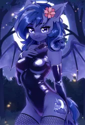 Size: 1701x2500 | Tagged: safe, artist:radioaxi, derpibooru import, oc, unofficial characters only, anthro, bat pony, anthro oc, bat pony oc, bat wings, breasts, clothes, evening gloves, female, fishnet clothing, fishnets, gloves, image, latex, latex gloves, latex suit, leotard, long gloves, png, socks, stockings, thigh highs, wings