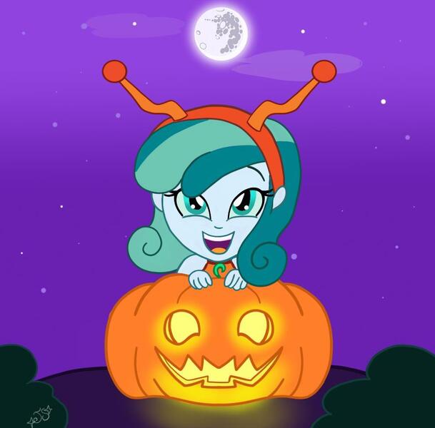 Size: 989x974 | Tagged: safe, artist:jenna56, derpibooru import, oc, oc:prixy, oc:prixy lightshooter, unofficial characters only, lobster, equestria girls, clothes, colored sclera, commission, costume, female, halloween, headband, holiday, humanized, image, jack-o-lantern, jpeg, lobster costume, moon, nightmare night costume, pumpkin, solo, ych result