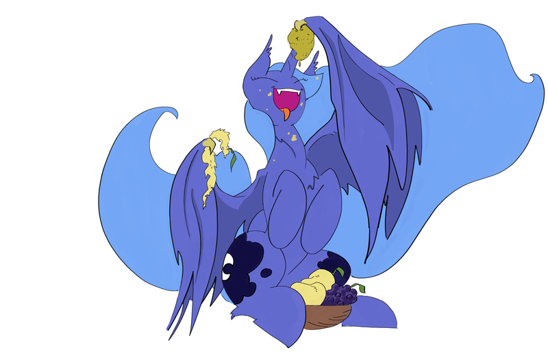 Size: 5600x3600 | Tagged: safe, artist:ponny, derpibooru import, princess luna, alicorn, bat pony, bat pony alicorn, pony, g4, bat wings, bowl, eyes closed, food, grapes, horn, image, mango, open mouth, png, simple background, sitting, solo, tongue out, white background, wing hold, wings