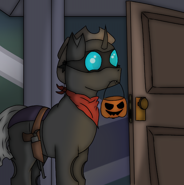 Size: 1052x1058 | Tagged: safe, artist:thomas.senko, derpibooru import, oc, oc:captain black lotus, unofficial characters only, changeling, monster pony, pony, 2024, bandana, catchlights, changeling oc, clothes, commission, costume, cowboy, cowboy hat, detailed background, digital art, ears up, eyes open, front view, gun, halloween, halloween costume, happy, hat, holiday, holster, horn, image, indoors, looking forward, male, mask, mouth hold, no eyelashes, png, pony oc, pumpkin, pumpkin bucket, quadrupedal, shading, shadows, smiling, soft shading, solo, stallion, stallion oc, standing, toy gun, weapon, ych result