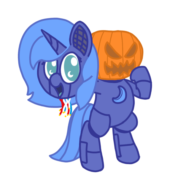 Size: 1000x1000 | Tagged: safe, artist:theunidentifiedchangeling, derpibooru import, princess luna, alicorn, pony, robot, robot pony, bipedal, broken, decapitated, female, filly, filly luna, halloween, holding head, holiday, image, jack-o-lantern, png, princess lunabot, pumpkin, simple background, smiling, solo, transparent background, woona, younger