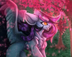 Size: 1253x992 | Tagged: safe, artist:reminati_27, derpibooru import, oc, unofficial characters only, pegasus, pony, cherry blossoms, chest fluff, concave belly, female, flower, flower blossom, image, jpeg, mare, solo, spread wings, spring, thin, wings