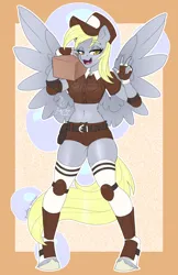 Size: 1650x2550 | Tagged: safe, artist:inkkeystudios, derpibooru import, derpy hooves, anthro, pegasus, unguligrade anthro, g4, clothes, cutie mark background, image, png, shorts, socks, solo, thigh highs