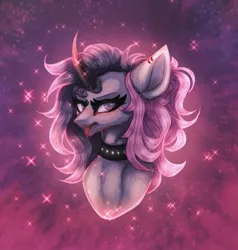 Size: 1077x1133 | Tagged: safe, artist:reminati_27, derpibooru import, oc, unofficial characters only, pony, unicorn, blushing, bust, choker, curved horn, drool, female, horn, image, jpeg, mare, portrait, solo, spiked choker, tongue out