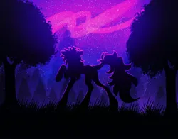 Size: 1594x1247 | Tagged: safe, artist:reminati_27, derpibooru import, oc, unofficial characters only, earth pony, pony, commission, concave belly, forest, image, jpeg, leonine tail, long legs, nature, night, silhouette, solo, tail, thin, tree