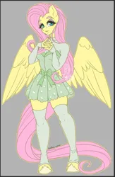 Size: 587x902 | Tagged: safe, artist:inkkeystudios, derpibooru import, fluttershy, anthro, pegasus, unguligrade anthro, g4, clothes, gray background, image, jpeg, simple background, skirt, socks, solo, thigh highs