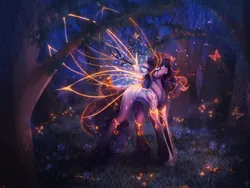 Size: 1156x870 | Tagged: safe, artist:reminati_27, derpibooru import, oc, unofficial characters only, butterfly, insect, pony, bracelet, commission, female, forest, glow, glowing wings, image, insect wings, jewelry, jpeg, mare, nature, solo, transparent wings, tree, wings