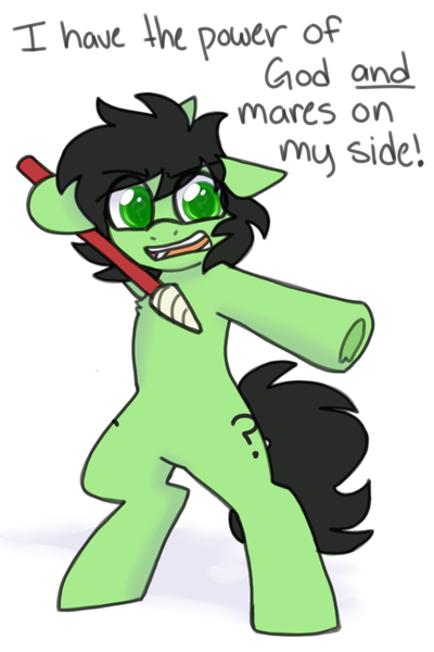 Size: 600x900 | Tagged: safe, artist:puppie, derpibooru import, oc, oc:anonfilly, unofficial characters only, pony, /mlp/, 4chan, angry, dialogue, female, filly, frog (hoof), funny, green eyes, horn pointer, i have the power of god and anime on my side, image, png, simple background, solo, text, underhoof, white background