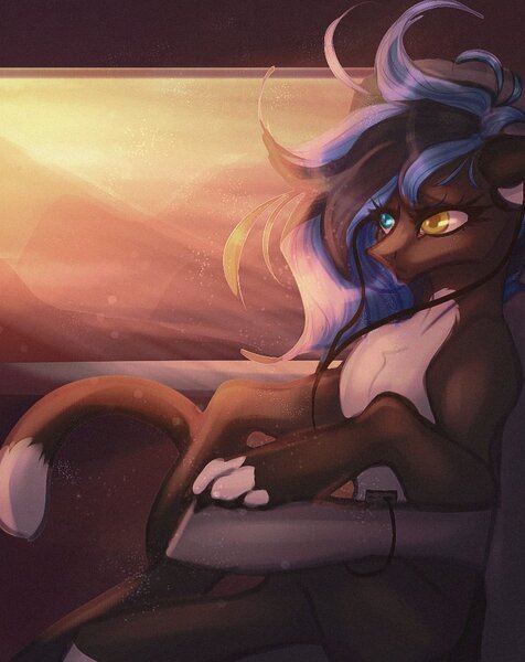 Size: 822x1036 | Tagged: safe, artist:reminati_27, derpibooru import, oc, unofficial characters only, cat, cat pony, original species, pony, cat tail, earbuds, female, heterochromia, image, jpeg, mare, paws, sitting, solo, tail, train