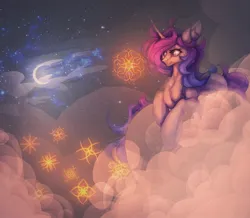 Size: 1168x1018 | Tagged: safe, artist:reminati_27, derpibooru import, oc, unofficial characters only, pony, unicorn, chest fluff, cloud, crescent moon, female, horn, image, jpeg, mare, moon, night, on a cloud, solo