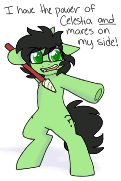 Size: 600x900 | Tagged: safe, alternate version, artist:puppie, derpibooru import, oc, oc:anonfilly, unofficial characters only, earth pony, pony, /mlp/, 4chan, angry, dialogue, female, filly, foal, frog (hoof), funny, green eyes, horn pointer, i have the power of god and anime on my side, image, png, simple background, solo, text, underhoof, white background