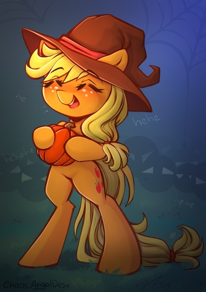 Size: 724x1024 | Tagged: safe, artist:chaosangeldesu, derpibooru import, applejack, earth pony, pony, cute, grass, halloween, hat, holiday, image, jpeg, mlp fim's fourteenth anniversary, pumpkin, smiling, solo, spider web, witch hat