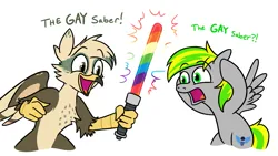 Size: 1489x842 | Tagged: safe, artist:jargon scott, derpibooru import, oc, oc:dillinger, oc:silver blaze, unofficial characters only, gryphon, pegasus, image, lightsaber, png, rainbow, shocked, simple background, star wars, weapon