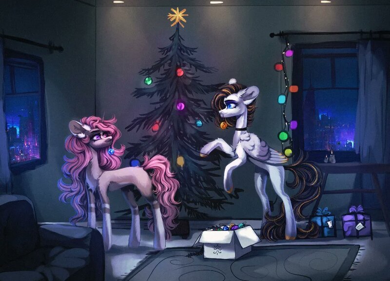 Size: 1080x780 | Tagged: safe, artist:h1mmu, artist:reminati_27, derpibooru import, oc, unofficial characters only, pegasus, pony, unicorn, choker, christmas, christmas lights, christmas tree, city, decorating, duo, female, holiday, horn, image, jpeg, mare, mouth hold, night, present, rearing, tree