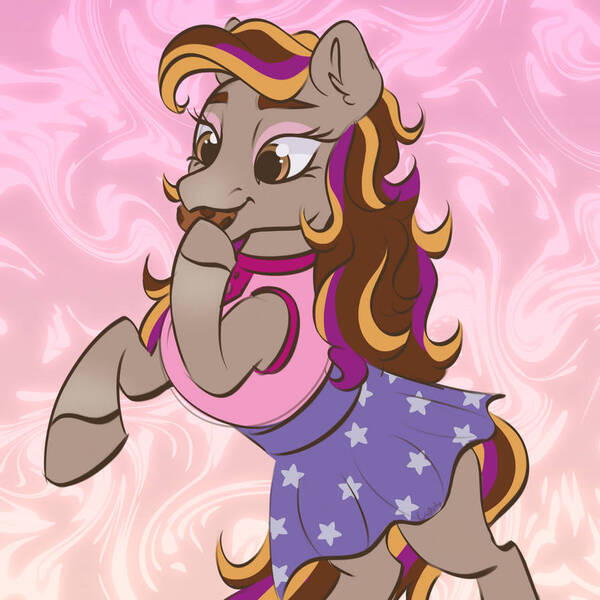 Size: 894x894 | Tagged: safe, artist:cupute, derpibooru import, horse, pony, clothes, cookie, dreamer (wild manes), eating, eyeshadow, female, food, image, jpeg, makeup, mare, skirt, solo, wild manes