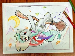 Size: 1466x1104 | Tagged: safe, artist:whateverbender, derpibooru import, oc, oc:grey mouse, unofficial characters only, bat pony, broom, halloween, hat, holiday, image, jpeg, screaming, solo, traditional art