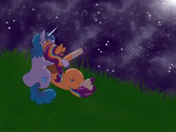 Size: 2048x1536 | Tagged: safe, artist:rinnapaws, derpibooru import, izzy moonbow, sunny starscout, earth pony, pony, unicorn, g5, cuddling, duo, duo female, female, horn, hug, image, jpeg, lesbian, mane stripe sunny, mare, night, night sky, outdoors, ship:moonscout, shipping, sky, stargazing, unitober 2024