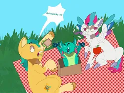 Size: 2048x1536 | Tagged: safe, artist:rinnapaws, derpibooru import, hitch trailblazer, sparky sparkeroni, zipp storm, dragon, earth pony, pegasus, pony, g5, apple, baby, baby dragon, dialogue, female, food, image, jpeg, male, mare, outdoors, picnic, sandwich, stallion, surprised, trio, unitober 2024