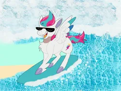 Size: 2048x1536 | Tagged: safe, artist:rinnapaws, derpibooru import, zipp storm, pegasus, pony, g5, beach, female, image, jpeg, mare, maretime bay, ocean, solo, sunglasses, surfboard, surfing, unitober 2024, water, wave