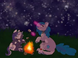 Size: 2048x1536 | Tagged: safe, artist:rinnapaws, derpibooru import, izzy moonbow, violette rainbow, pony, unicorn, g5, campfire, camping, duo, duo female, female, filly, foal, food, glow, glowing horn, horn, image, jpeg, levitation, magic, mare, marshmallow, night, night sky, outdoors, sky, telekinesis, unitober 2024