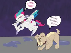 Size: 2048x1536 | Tagged: safe, artist:rinnapaws, derpibooru import, zipp storm, dog, pegasus, pony, g5, crossover, detective zipp, dialogue, duo, female, image, jpeg, mare, pound puppies, puddle, rain, unitober 2024