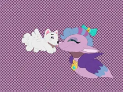 Size: 2048x1536 | Tagged: safe, artist:rinnapaws, derpibooru import, cloudpuff, queen haven, dog, pegasus, pomeranian, pony, g5, abstract background, boop, duo, duo male and female, eyes closed, female, flying pomeranian, image, jpeg, male, mare, noseboop, unitober 2024, winged dog