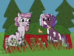 Size: 1024x768 | Tagged: safe, artist:dawnie, derpibooru import, violette rainbow, pony, unicorn, zebra, g5, duo, duo female, eating, female, filly, foal, food, horn, image, jpeg, looking at each other, looking at someone, outdoors, picnic, sandwich, skye, unitober 2024