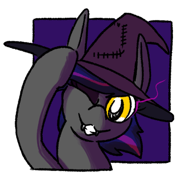 Size: 346x342 | Tagged: safe, artist:cammy, derpibooru import, oc, oc:closed case, oc:firestarter, bat pony, fangs, hat, image, looking at you, png, witch hat, ych delivery