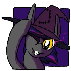 Size: 346x342 | Tagged: safe, artist:cammy, derpibooru import, oc, oc:closed case, oc:firestarter, bat pony, fangs, hat, image, looking at you, png, witch hat, ych delivery