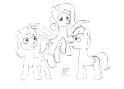 Size: 2035x1460 | Tagged: safe, artist:adamv20, derpibooru import, earth pony, pegasus, pony, unicorn, g5, doodle, female, filly, foal, glory (g5), grayscale, horn, image, monochrome, peach fizz, pippsqueak trio, png, seashell (g5), simple background, traditional art, trio, trio female, unitober 2024, white background