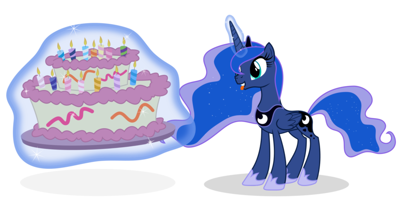 Size: 1976x979 | Tagged: safe, artist:jp, derpibooru import, princess luna, alicorn, pony, .svg available, cake, candle, crown, derpibooru exclusive, female, food, glow, glowing horn, hoof shoes, horn, image, jewelry, magic, mlp fim's fourteenth anniversary, png, regalia, simple background, solo, telekinesis, tongue out, transparent background, vector