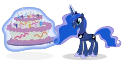 Size: 1976x979 | Tagged: safe, artist:jp, derpibooru import, princess luna, alicorn, pony, .svg available, cake, candle, crown, derpibooru exclusive, female, food, glow, glowing horn, hoof shoes, horn, image, jewelry, magic, mlp fim's fourteenth anniversary, png, regalia, simple background, solo, telekinesis, tongue out, transparent background, vector