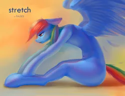 Size: 2079x1596 | Tagged: safe, artist:falses, derpibooru import, rainbow dash, anthro, pegasus, g4, arm hooves, digital art, eyes open, female, floppy ears, gradient background, high res, image, looking at something, looking down, png, shading, sketch, solo, spread legs, spread wings, spreading, stretching, thighs, wings