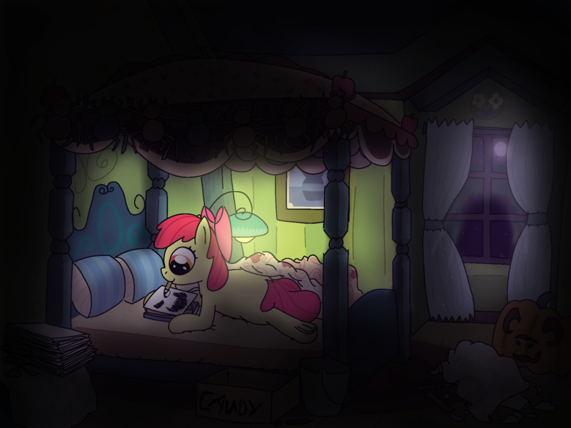 Size: 2000x1500 | Tagged: safe, artist:hach, apple bloom, earth pony, ghost, pony, spider, undead, bed, bedroom, blanket, bucket, cardboard box, cloth, curtains, decoration, drawing, dust motes, female, filly, garland, halloween, holiday, image, jack-o-lantern, lamp, marker, moonlight, mouth hold, paper, pen, pencil, pillow, png, prone, pumpkin, room, ruler, scissors, solo