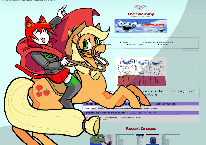 Size: 4960x3508 | Tagged: safe, anonymous artist, derpibooru import, applejack, cat, earth pony, human, pony, boots, bridle, cape, catgirl, clothes, crossover, duo, female, females only, fine art parody, gem, hat, image, mare, meme, on hind legs, pepe the frog, png, riding, riding a pony, shoes, skirt, smiling, soygem.party, soyjak, sweater, tack, tama, wojak