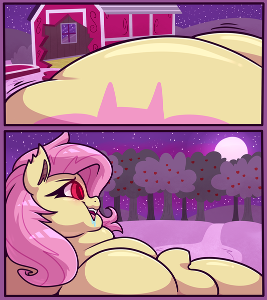 Size: 3000x3375 | Tagged: questionable, artist:graphenescloset, derpibooru import, fluttershy, bat pony, series:fattybatty, g4, apple, apple tree, bat ponified, comic, drool, fat, fat fetish, fattershy, female, fetish, flubberbat, flutterbat, food, glow, glowing eyes, image, immobile, impossibly obese, incentive drive, morbidly obese, night, obese, png, race swap, red eyes, solo, tree, weight gain, weight gain sequence