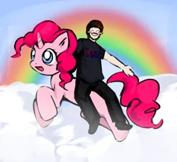 Size: 1208x1109 | Tagged: safe, anonymous artist, derpibooru import, pinkie pie, human, pony, unicorn, barneyfag, blank flank, blushing, cloud, duo, facial hair, female, flying, happy, horn, image, male, mare, moustache, png, race swap, rainbow, riding, riding a pony, smiling, unicorn pinkie pie, wat