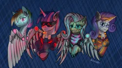 Size: 6302x3508 | Tagged: safe, artist:kirieshka, derpibooru import, fluttershy, rainbow dash, rarity, twilight sparkle, alicorn, pegasus, pony, unicorn, g4, amputee, artificial wings, augmented, clothes, cyberpunk, cyberpunk 2077, eye implant, female, goggles, headphones, headset, horn, image, implants, mechanical wing, multicolored mane, neon, png, prosthesis, prosthetic limb, prosthetics, safety goggles, visor, wings