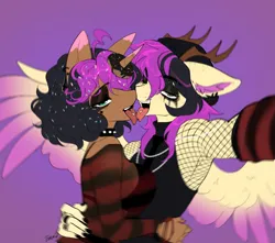 Size: 3313x2933 | Tagged: safe, artist:tomi_ouo, derpibooru import, oc, oc:donut daydream, oc:purple wingshade, unofficial characters only, anthro, deer, hybrid, original species, pegasus, unicorn, antlers, beanie, black mane, breasts, brown eyes, chains, choker, clothes, colored wings, donut, ear piercing, eyeliner, eyeshadow, female, fishnet clothing, food, freckles, goth, green eyes, hat, horn, image, jewelry, makeup, male, multicolored hair, multicolored wings, nail polish, necktie, oc x oc, open mouth, piercing, png, purple mane, ring, shipping, sideboob, sleeveless, sprinkles, straight, tanktop, tongue out, tongue piercing, tongue play, waist grab, wings